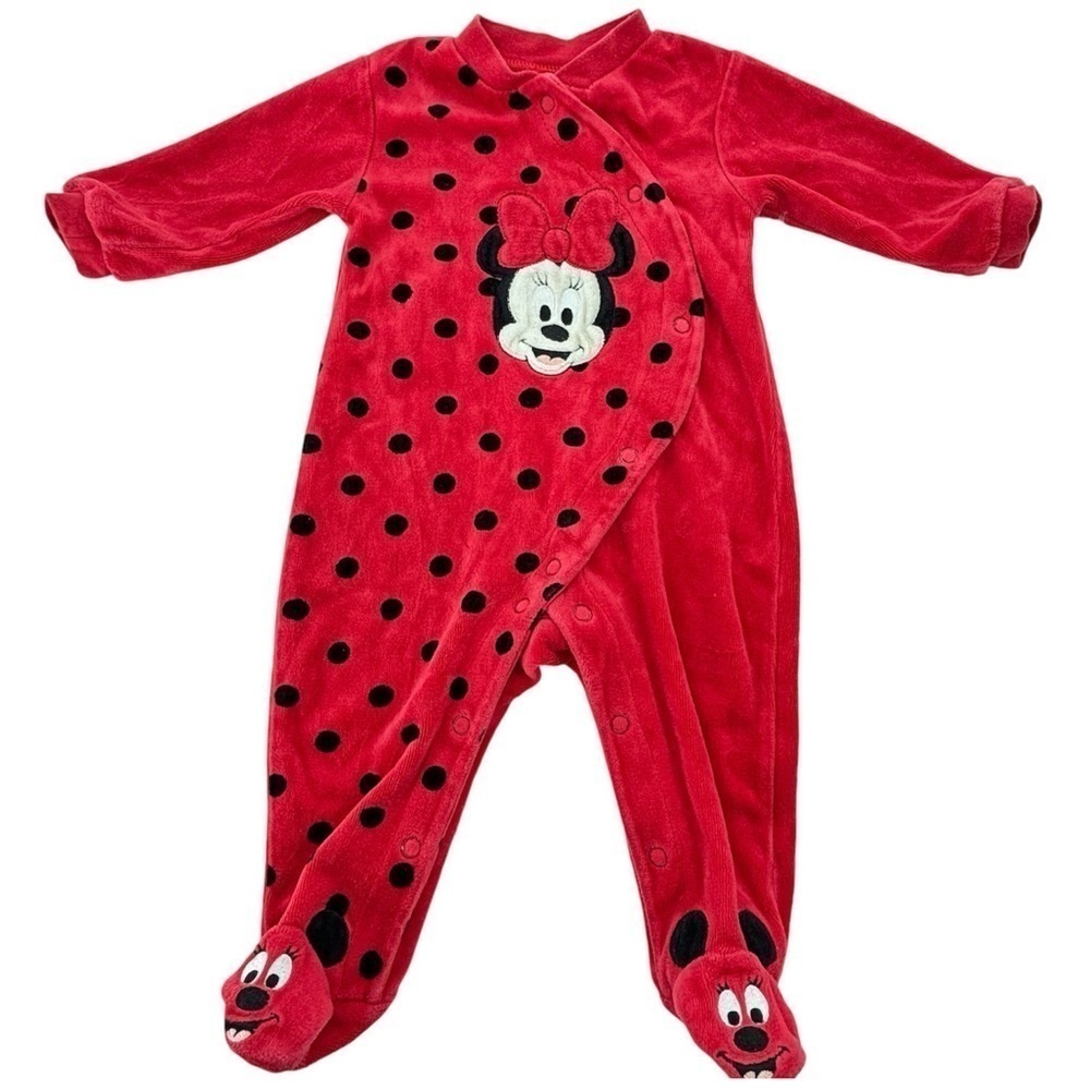 Disney Baby Red/ Black Polka Dots Minnie Mouse  Velour Footed Pajama 6 Months